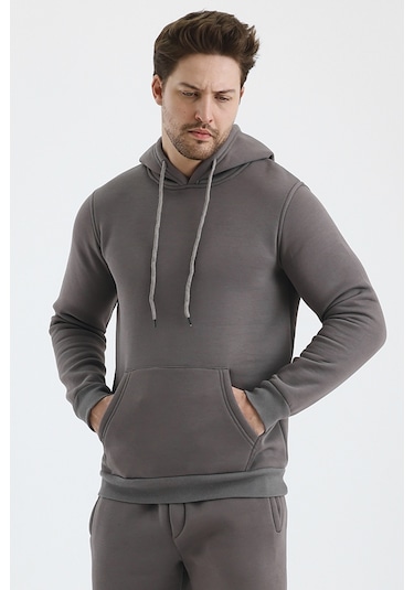Monox Erkek Kapşonlu 3 İplik Sweatshirt Füme