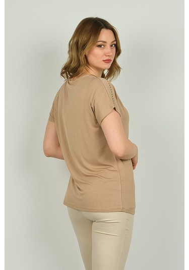 Ella Camelia Kadın Fermuarlı Kısa Kol Bluz 20e038 Vizon