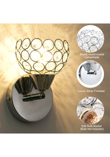 Reedark Gümüş Metal Kristal Duvar Lambası - E26 Lamba Tabanı Kaynak Yok - 110-130v - Yatak Odası, Mutfak, Koridor Için Gümüş
