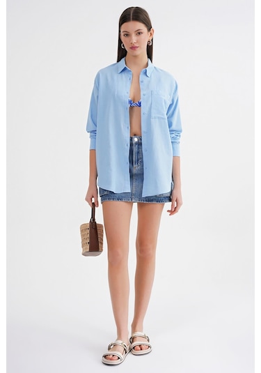 Mixray 4670 Kadın Cepli Oversize Basic Keten Gömlek Bebe Mavi