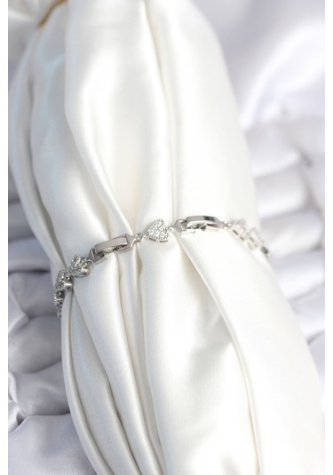 Pirinç Gümüş Renk Kalp Model Kadın Bileklik Çok Renkli