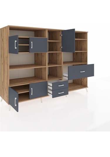 Kronos Dolap 13 Raflı 3 Çekmeceli 5 Kapaklı 220x59x163 Çam-antras Çam-antrasit