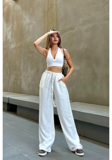 Pembe Keten Karışımlı Bol Kesim Pantolon Beyaz