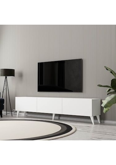 1250 Elisa 3 Kapaklı Kulpsuz 180 Cm Ayaklı Tv Ünitesi Beyaz
