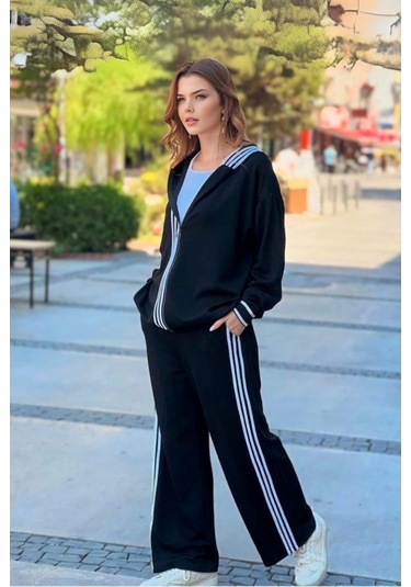 Yanları Şeritli Kapüşonlu Takım Siyah