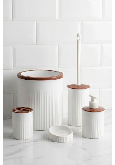 Makri Home 5 Parça Şık Beyaz Banyo Seti, Hacim: 6 Litre Beyaz