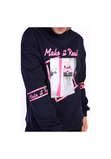 Toontoy Kız Çocuk Baskılı Taş İşlemeli Balıkçı Yaka Sweatshirt Lacivert