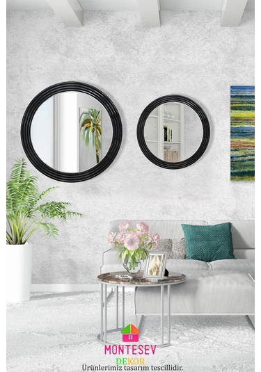 Zümrüt Ahşap Siyah Dekoratif İşlemeli Duvar Aynası İkili 69-56 Cm Siyah