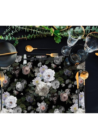 Siyah Çiçek Kumaş Amerikan Servis 4'lü Set - 35x50cm Keten, Ulusl. Yıkama Ve Solmama Sertifikası Çok Renkli