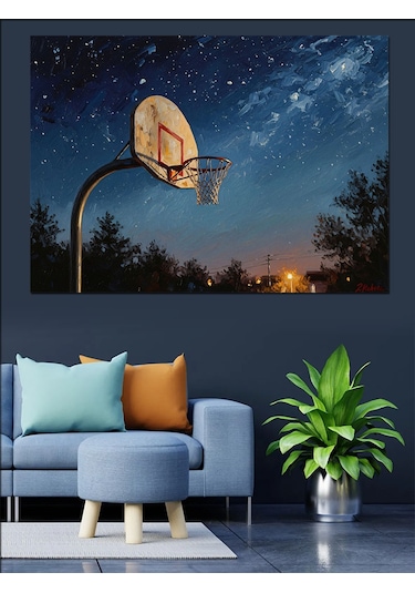 Ahşap Tablo Gece Altında Basketbol Potası Tablosu