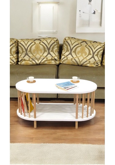 Orta Sehpa Ahşap Ayaklı Sehpa İki Raflı Sehpa Dekoratif Sehpa Gazetelikli Beyaz