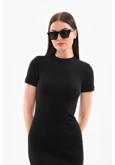 Siyah Kısa Kollu Diz Altı Fitilli Esnek Kalem Elbise - 130 Cm Siyah