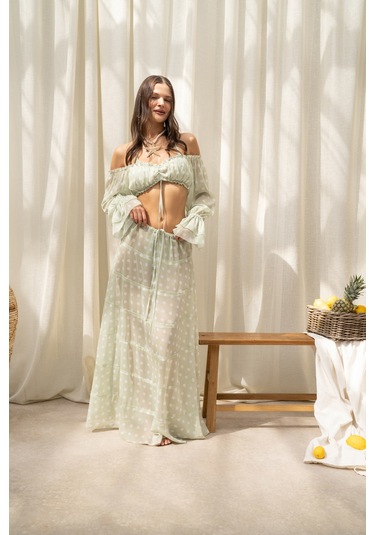 Mai Collection Samos Puantiyeli Yeşil Crop Etek Takım