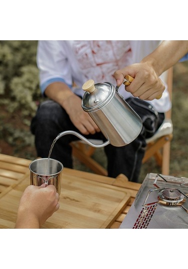 Fastbuy 304 Paslanmaz Çelik 650ml Taşınabilir Kahve Demleme Cezvesi, Ahşap Saplı Uzun Burunlu Gümüş Renkli Gümüş