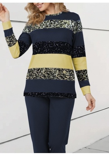 Evyora Kadın Uzun Kollu Bisiklet Yaka Çizgili Desen Iki Iplik Bluz Ve Pantolon Ikili Takım Sarı