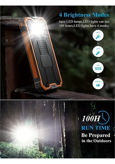 Geeksen 20000 Mah Turuncu Güneş Enerjili Power Bank: Çift Usb, Led Fenerli, Dış Mekanlar İçin Dayanıklı Taşınabilir Şarj Cihazı