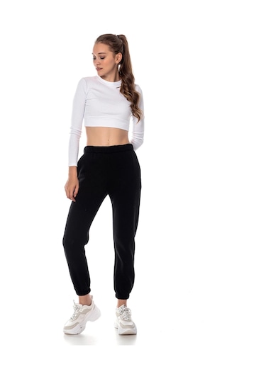 Kadın Ekru Renk Elastik Paça Örme Jogger Eşofman Altı Cy84200 Siyah