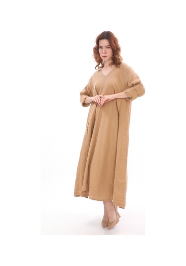 İtalyan V Yaka Uzun Kol Keten Elbise-8907 Camel