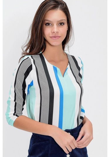 Kadın Mint Yakası Yırtmaçlı Krep Bluz Truvakar Kol Çizgili Ve Giy Çık - Tesettüre Uygun Siyah - Mavi