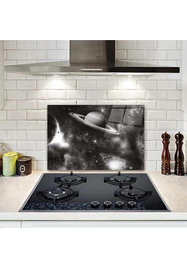 Decorita Cam Ocak Arkası Koruyucu Galaksi Desen Siyah - Beyaz Fon 40 x 60 CM