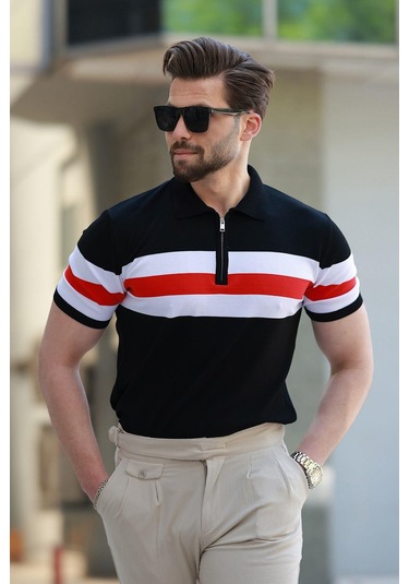 Madmext Siyah Fermuarlı Polo Yaka Çizgili Erkek Tişört E7406 Siyah