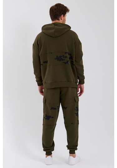 Polostate Erkek Kamuflaj Baskılı Kapüşonlu Sweatshirt Haki