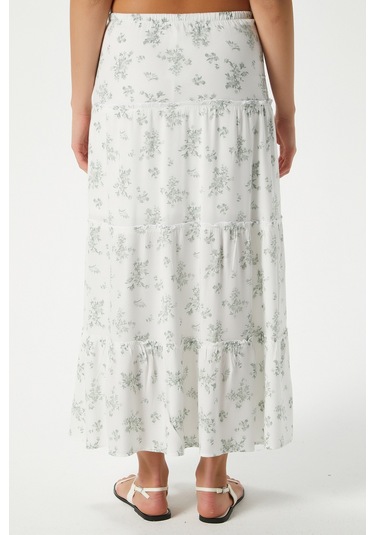 Kadın Rebekka Çiçekli Haki Astarlı Uzun Etek 17639 Beyazhaki Çok Renkli