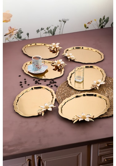 6 Adet Oval Papatlı Kahve-çay Servis Ve Sunum Tepsisi 25x20 Cm
