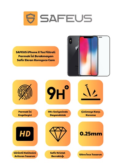 Safeus Tam Kaplayan Toz Filtreli Safir Ekran Koruyucu Cam , İphone X İle Uyumlu