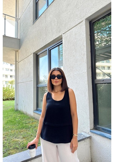 Siyah İthal Müslin Kumaş, Basic, Katlı, Salaş Askılı Bluz & Atlet Siyah