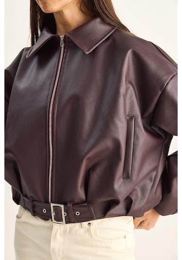 Oversize Tokalı Deri Ceket 3137 60284058 - Bordo