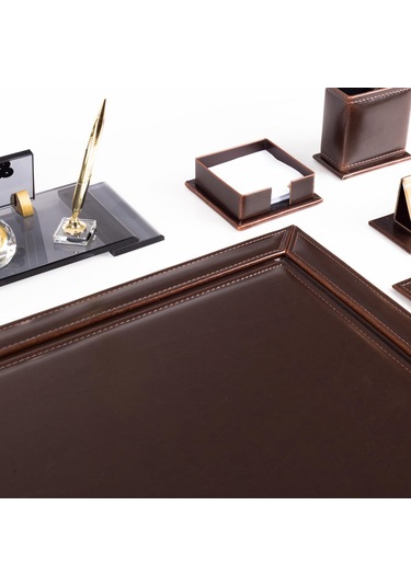 10 Parça Eskitme Desenli Kahverengi Deri Sümen Takımı Ve Kristal Masa İsimliği Ofis Masa Sümen Seti