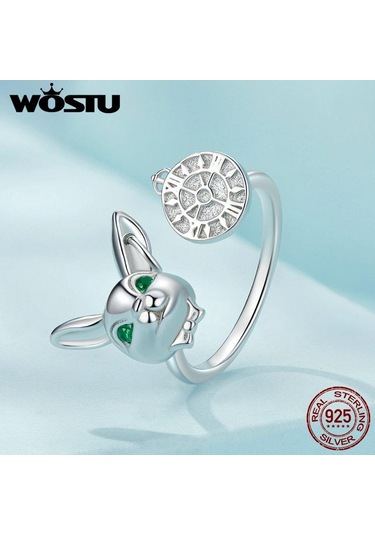 Wostu 925 Ayar Gümüş Beyaz Tavşan Saat Halkası Açık Yüzükler Kız Doğum Günü Partisi Hediye