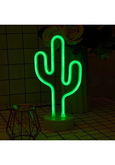 Honeybeeshop Pil İle Calisan Neon Kaktus Masa Lambasi Yesil 29.5x10x14 Cm Modern Plastik Uplight Anahtar Kontrolu Ev Ofis Kafe Dekoru Ideal Yeşil