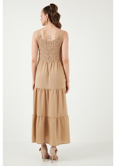 Lela Relaxed Fit Volanlı Uzun Bayan Elbise 611El010 Vizon