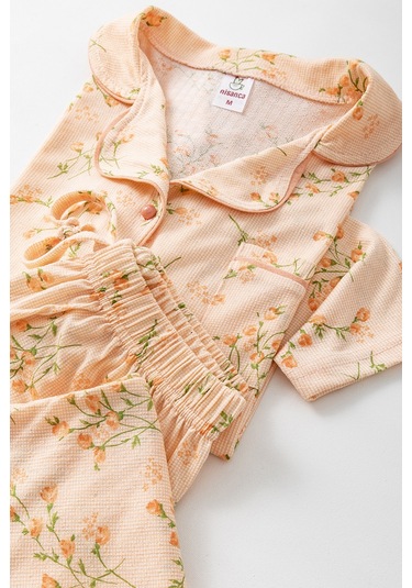 Uzun Kol Gömlek Yaka Kadın Pinterest Pijama Takımı - Mevsimlik Kadın Pijama- Geniş Beden Aralığı Turuncu