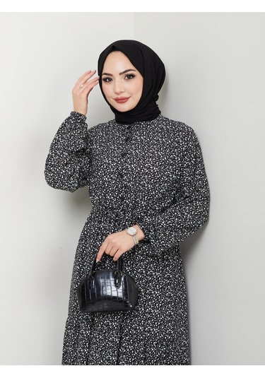 Düğme Detaylı Çiçekli Viskon Elbise - Siyah / E0123 Siyah
