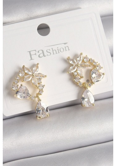 Pirinç Gold Renk Zirkon Taşlı Çiçek Model Sallantı Damla Detay Kadın Küpe Çok Renkli