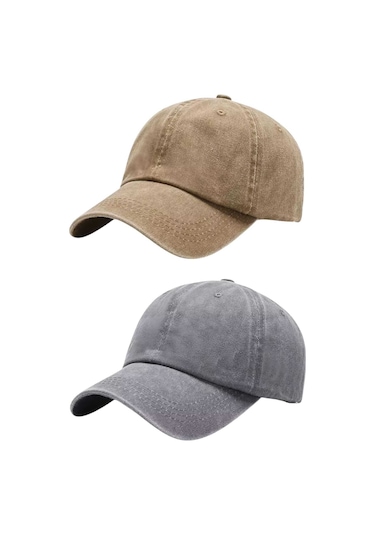 Tezzgelsin Unisex Eskitme Vintage %100 Pamuklu Ayarlanabilir Beyzbol Kep Şapka 2'li Set Camel - Gri
