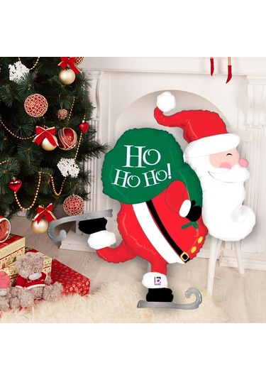 Yılbaşı Buz Pateni Yapan Noel Baba Hediye Çuvallı Folyo Balon 79x89 Cm Çok Renkli