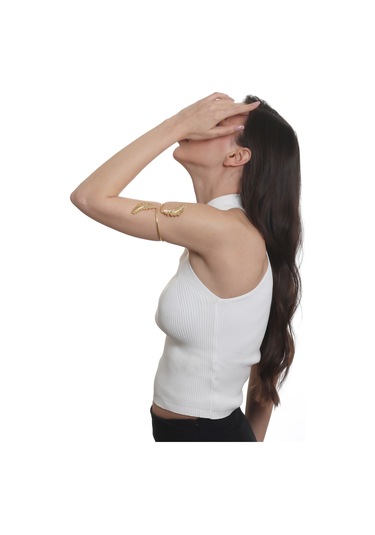 Labalaba Kadın Lak Altın Renk Kaplama Yaprak Detaylı Pazu Bandı Bileklik, Üst Kol Aksesuarı Altın