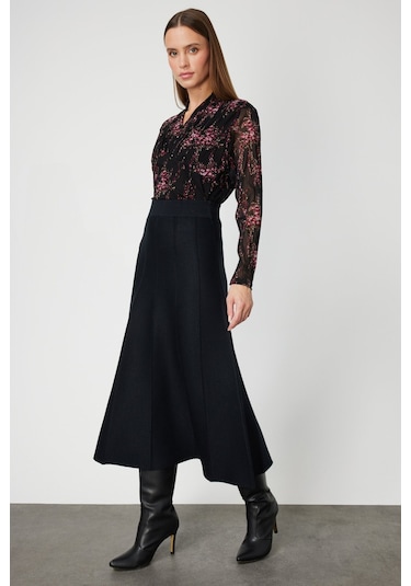 On Kadın Pileli Midi Triko Etek 65210 Siyah Siyah