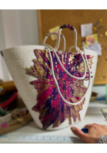 Hasır Çanta, Plaj Çantası, Tasarım Çanta, Pembe Mor Desenli El Çantası Ekru