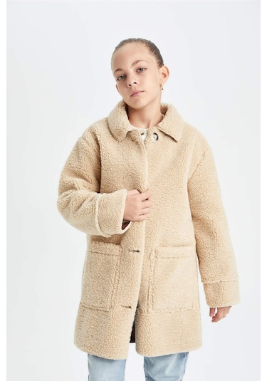 DeFacto Kız Çocuk Rüzgar Geçirmez Düğmeli Cepli Kaşe Parka C8555A824AUBG203 Bej