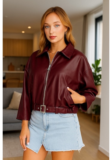 Prifaldi Oversize Bomber Deri Ceket Bordo