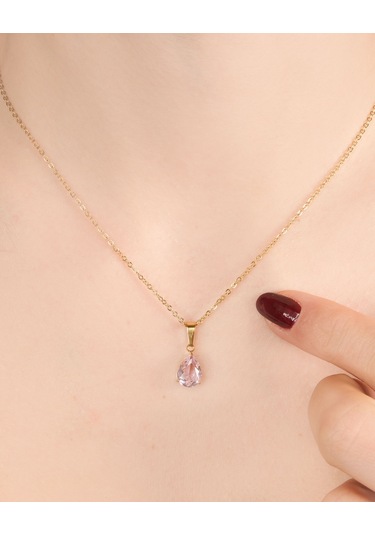 Lekka Design Kadın Kararmaz Çelik Takı Pembe Damla Zirkon Taşlı Şık Kolye Altın