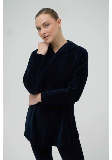 Kadın Uzun Kol Kapüşonlu Kadife Taytlı Lacivert Eşofman Takım C0t2n0o12 001