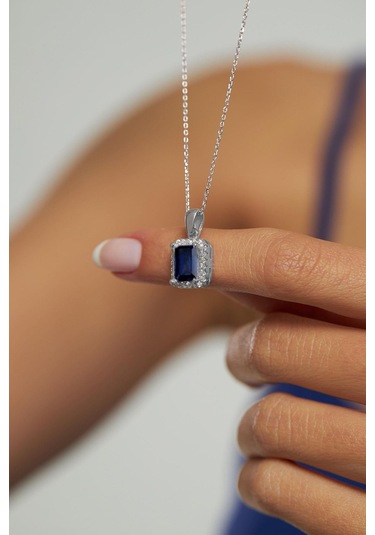 Erdobia Safir Taşlı Rodyum Tektaş Baget Gümüş Kolye N10171