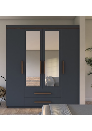 Metalia Gm815 Nisa Delüx 4 Kapı 2 Çekmeceli Aynalı Gardrop Ceviz-Antrasit