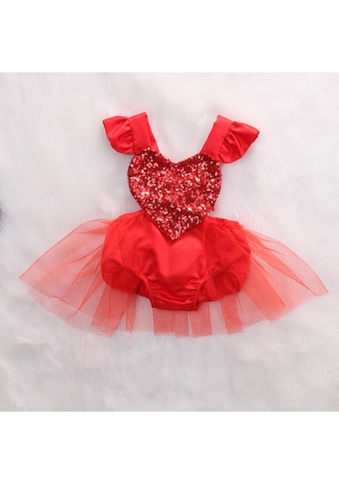 Sevgililer Günü Bebek Bebek Kız Tül Kalp Romper Tulum Tulum Kıyafet Kostüm Boyutu 0-3y Kırmızı